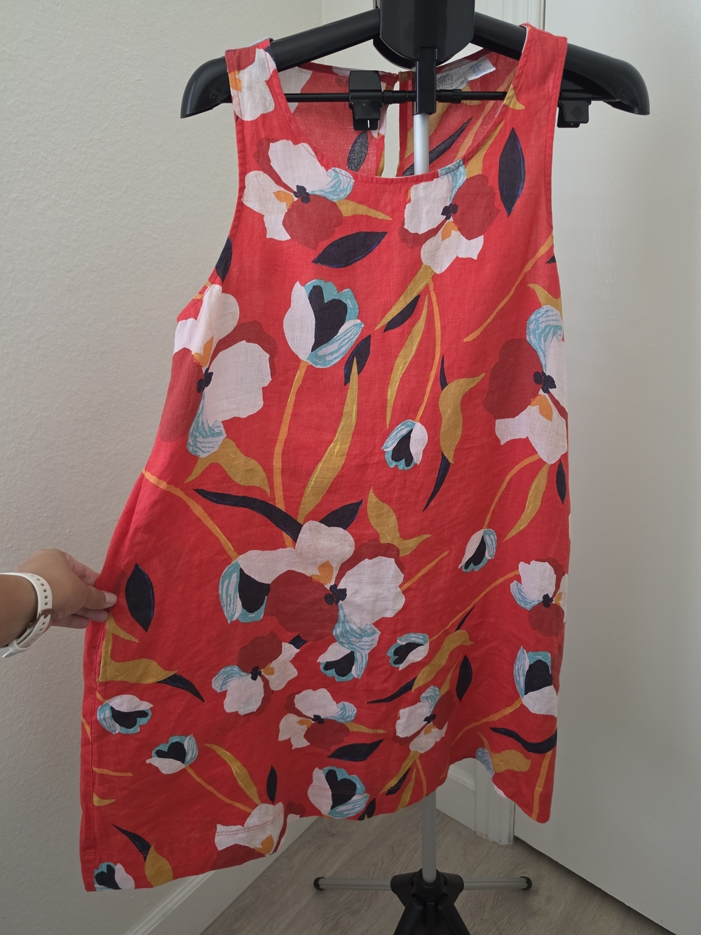 Sigrid Olsen 100% Linen Red Floral Sleeveless Tunic Top Size M